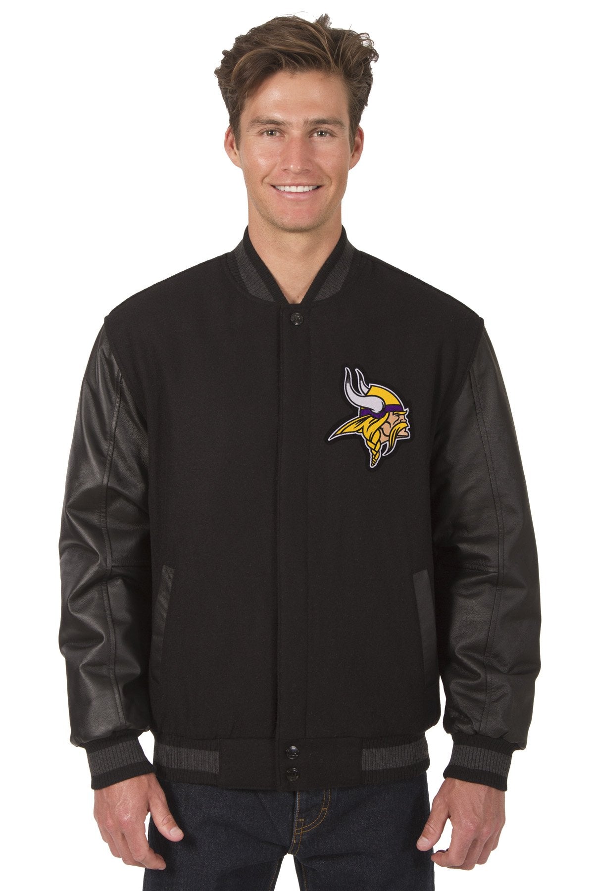 Minnesota Vikings Reversible Wool and Leather Jacket (Front Logos Only)