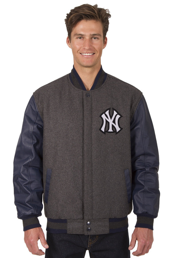 NEW YORK YANKEES WOOL & LEATHER REVERSIBLE JACKET W/ EMBROIDERED LOGOS - CHARCOAL/NAVY
