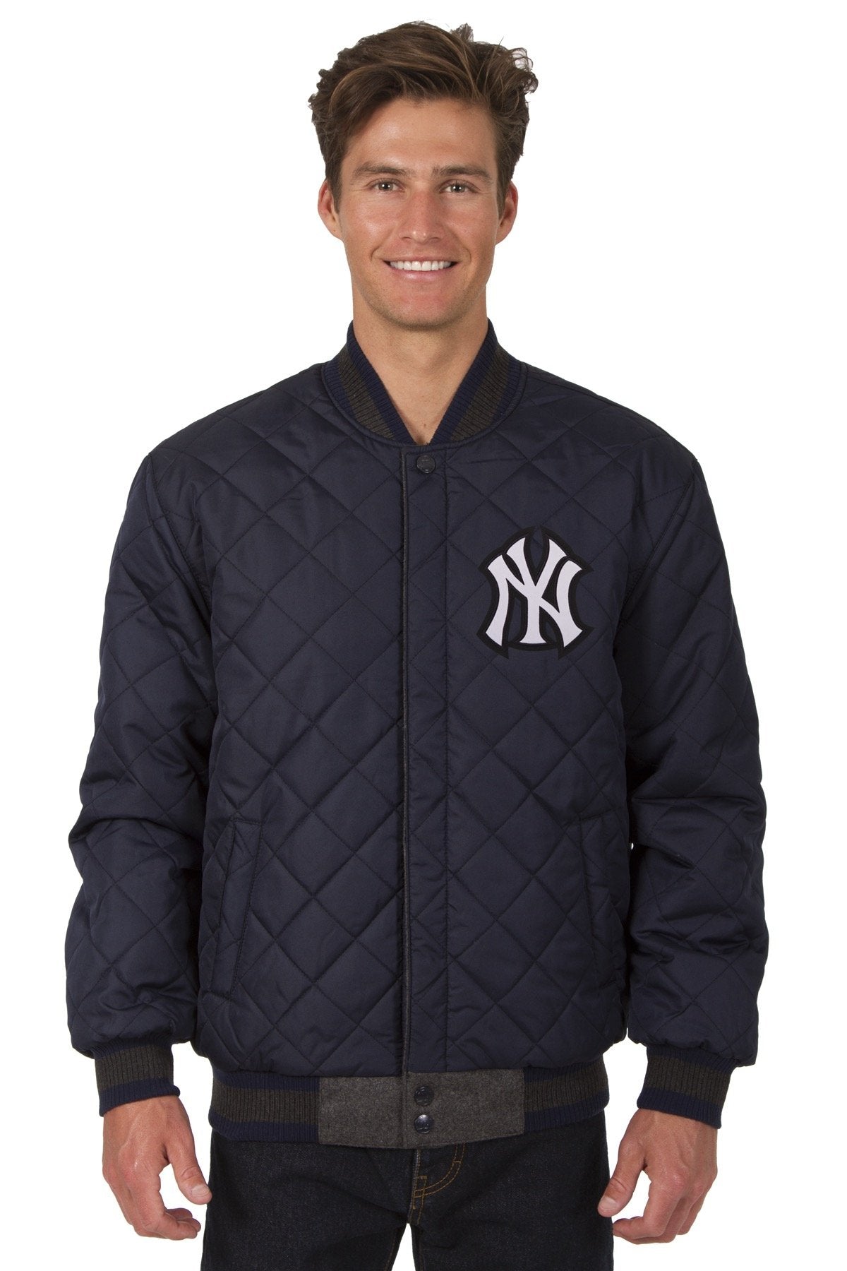 NEW YORK YANKEES WOOL & LEATHER REVERSIBLE JACKET W/ EMBROIDERED LOGOS - CHARCOAL/NAVY