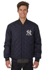 NEW YORK YANKEES WOOL & LEATHER REVERSIBLE JACKET W/ EMBROIDERED LOGOS - CHARCOAL/NAVY