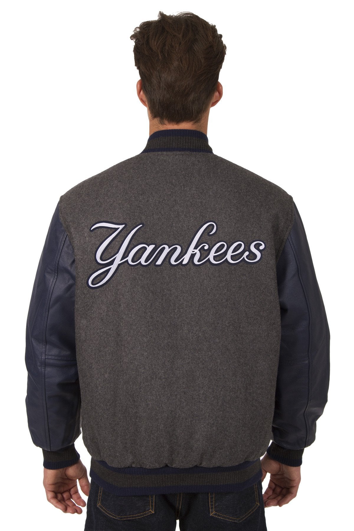 NEW YORK YANKEES WOOL & LEATHER REVERSIBLE JACKET W/ EMBROIDERED LOGOS - CHARCOAL/NAVY