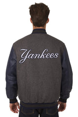 NEW YORK YANKEES WOOL & LEATHER REVERSIBLE JACKET W/ EMBROIDERED LOGOS - CHARCOAL/NAVY