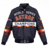 HOUSTON ASTROS 2017 WORLD SERIES CHAMPIONS LAMBSKIN LEATHER FULL-SNAP JACKET WITH LEATHER LOGOS - NAVY