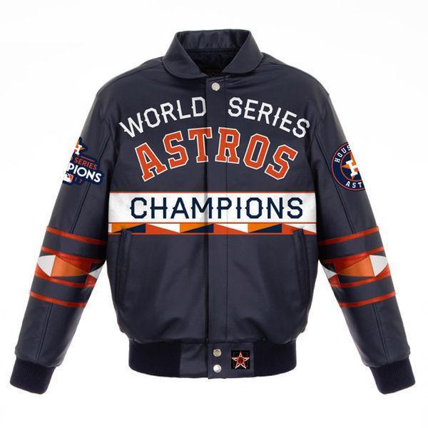 HOUSTON ASTROS 2017 WORLD SERIES CHAMPIONS LAMBSKIN LEATHER FULL-SNAP JACKET WITH LEATHER LOGOS - NAVY