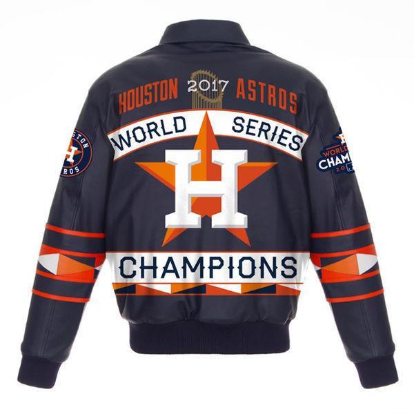 HOUSTON ASTROS 2017 WORLD SERIES CHAMPIONS LAMBSKIN LEATHER FULL-SNAP JACKET WITH LEATHER LOGOS - NAVY