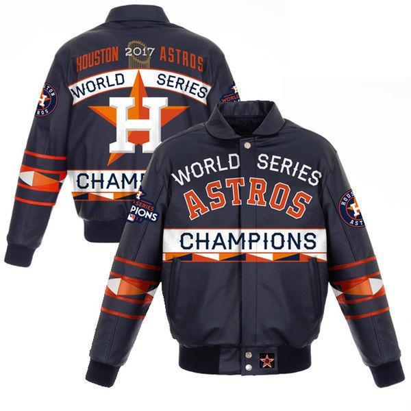 HOUSTON ASTROS 2017 WORLD SERIES CHAMPIONS LAMBSKIN LEATHER FULL-SNAP JACKET WITH LEATHER LOGOS - NAVY