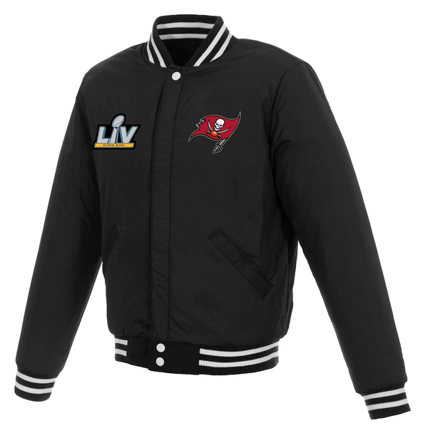 TAMPA BAY BUCCANEERS SUPER BOWL LV CHAMPIONS REVERSIBLE FLEECE AND FAUX LEATHER FULL-SNAP JACKET - BLACK/WHITE