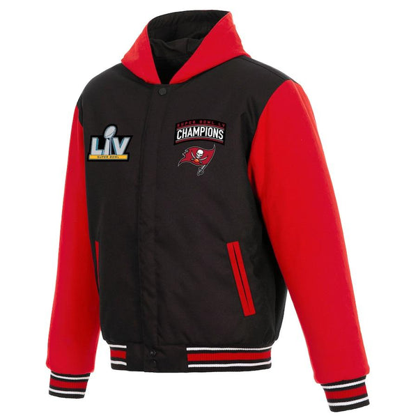 TAMPA BAY BUCCANEERS SUPER BOWL LV CHAMPIONS REVERSIBLE HOODED FLEECE AND POLY-TWILL FULL-SNAP JACKET - BLACK