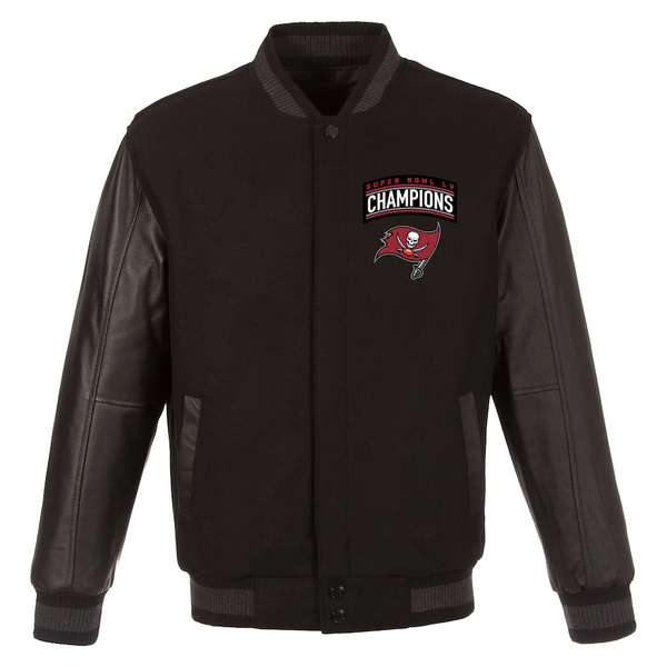 TAMPA BAY BUCCANEERS SUPER BOWL LV CHAMPIONS REVERSIBLE WOOL AND LEATHER FULL-SNAP JACKET - BLACK