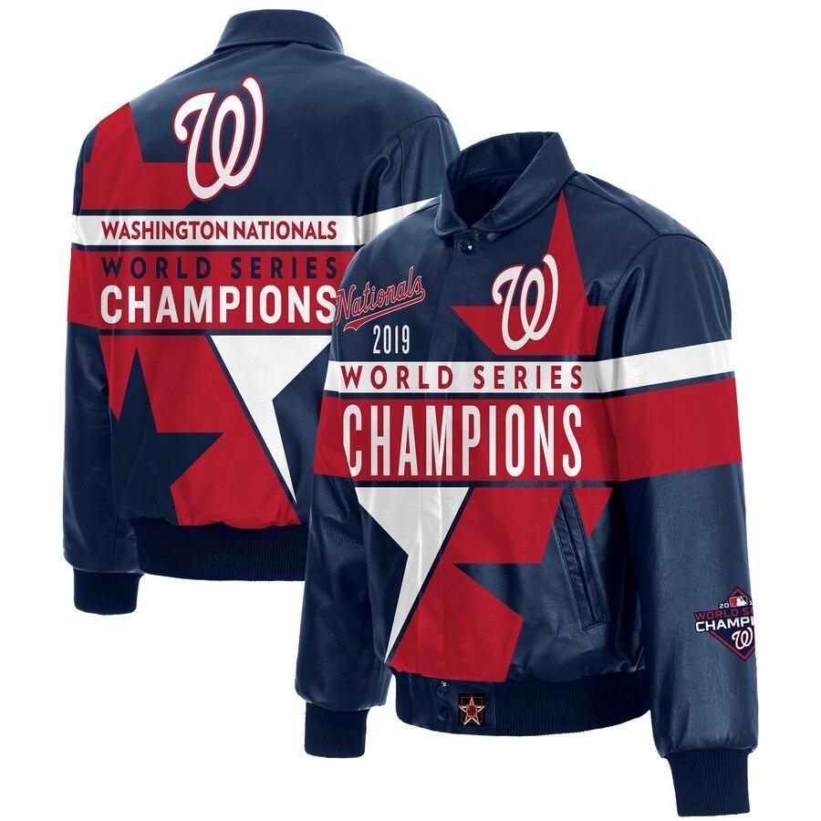 WASHINGTON NATIONALS JH DESIGN 2019 WORLD SERIES CHAMPIONS FULL-SNAP LEATHER JACKET - NAVY