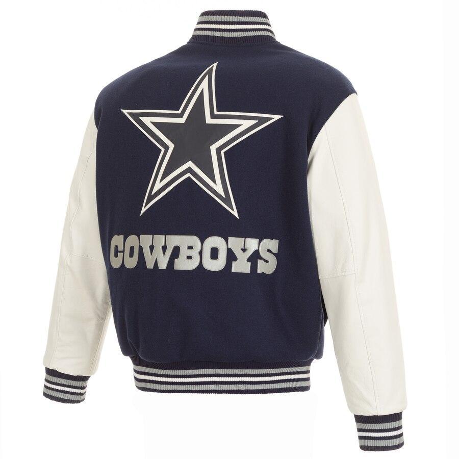 DALLAS COWBOYS DOMESTIC TWO TONE WOOL LEATHER JACKET NAVY WHITE Retired NFL Players Congress Inc