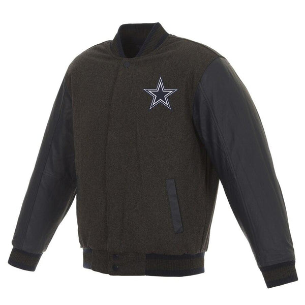 DALLAS COWBOYS WOOL AND LEATHER REVERSIBLE QUILTED JACKET - CHARCOAL/NAVY
